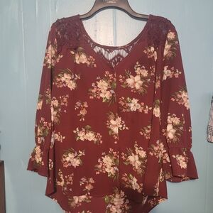 Blu Pepper Burgundy Floral Lace Yoke Blouse